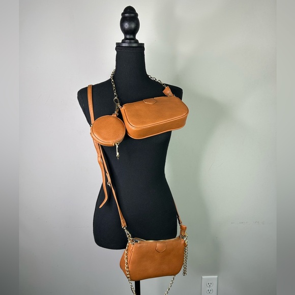 3 in 1 Tan Gold Chain Crossbody Bag - Picture 3 of 3
